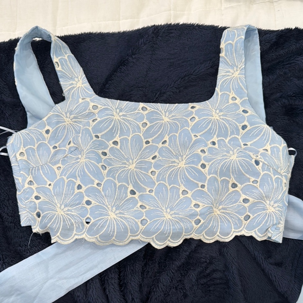 Floral Embroidered Blue Crop Top